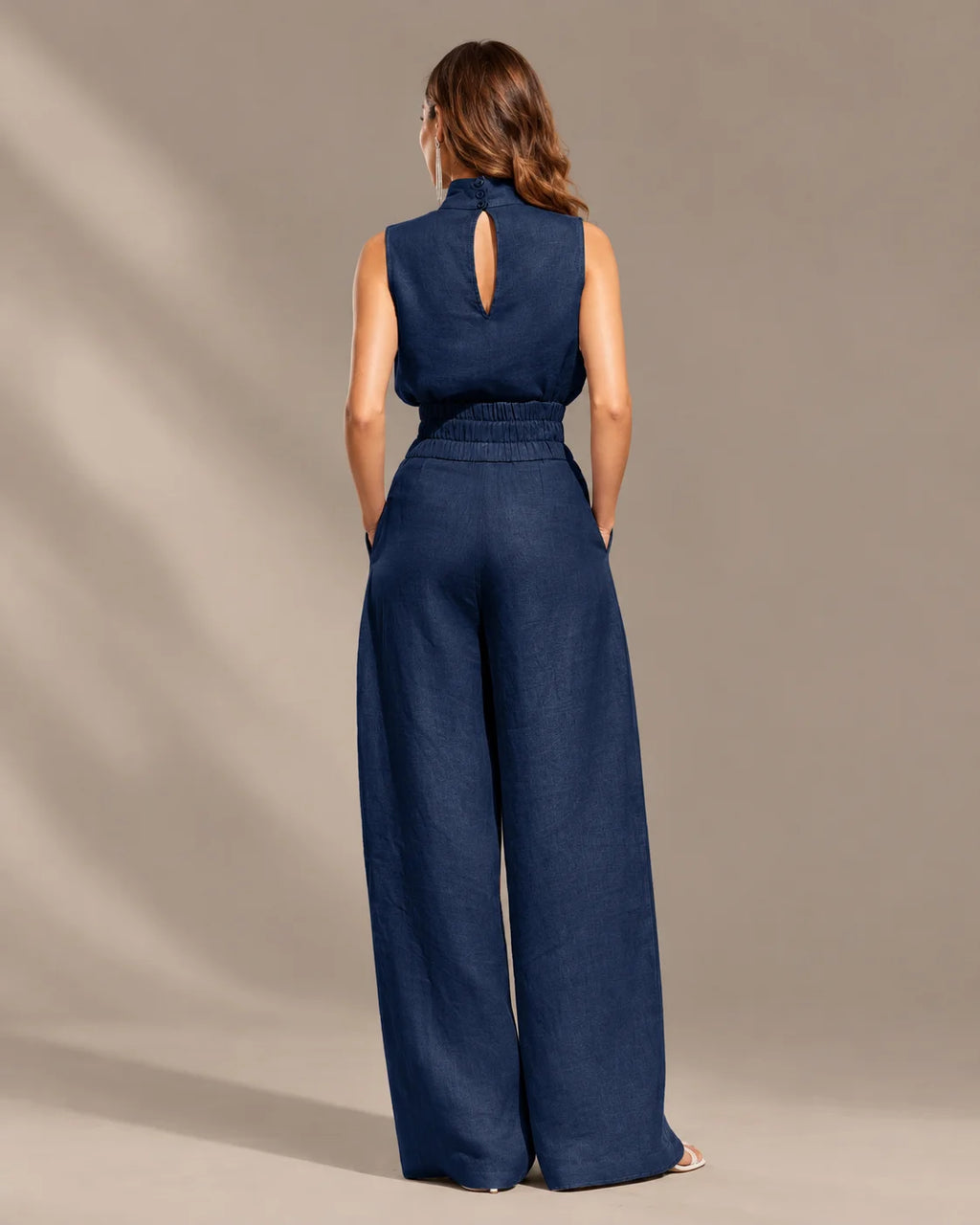 Linen-Blend Sleeveless Mock Neck Top and Wide-Leg Pants Set | Oyese