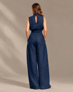 Linen-Blend Sleeveless Mock Neck Top and Wide-Leg Pants Set | Oyese