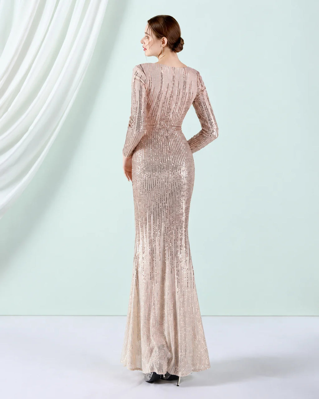 Deep V Long Sleeve Ombre Sequin Mermaid Evening Gown | Oyese
