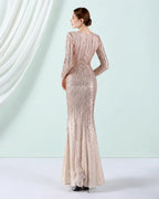 Deep V Long Sleeve Ombre Sequin Mermaid Evening Gown | Oyese