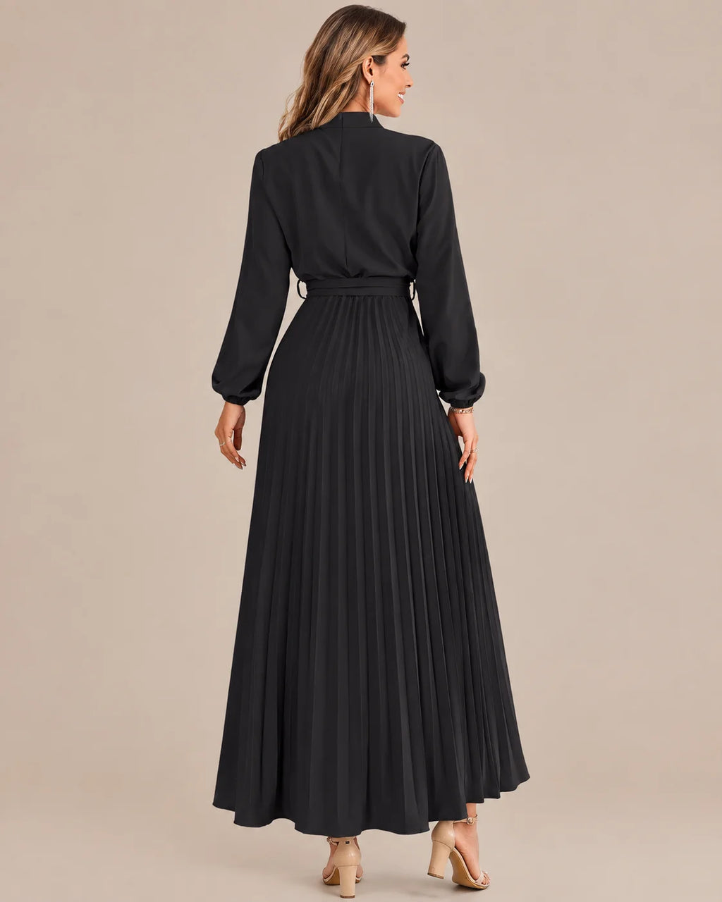 Ruffled Mock Neck Belted Pleated Midi Dress | Oyese