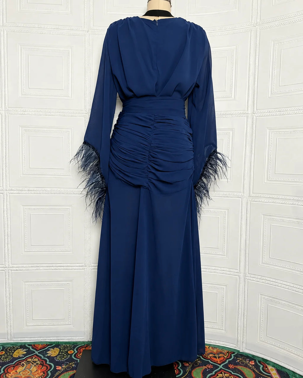 Deep V Long Sleeve Feather Cuff Maxi Dress with Slit | Oyese