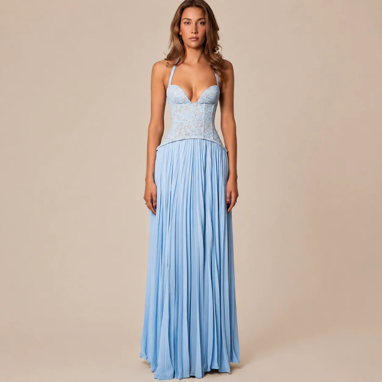 Lace Corset Halter Maxi Dress – Pleated A-Line Backless Formal Gown | Oyese