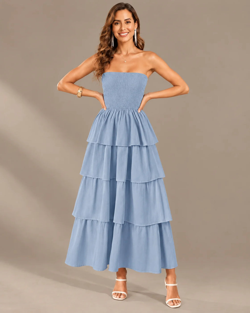 Strapless Smocked Bodice Tiered Maxi Dress | Oyese