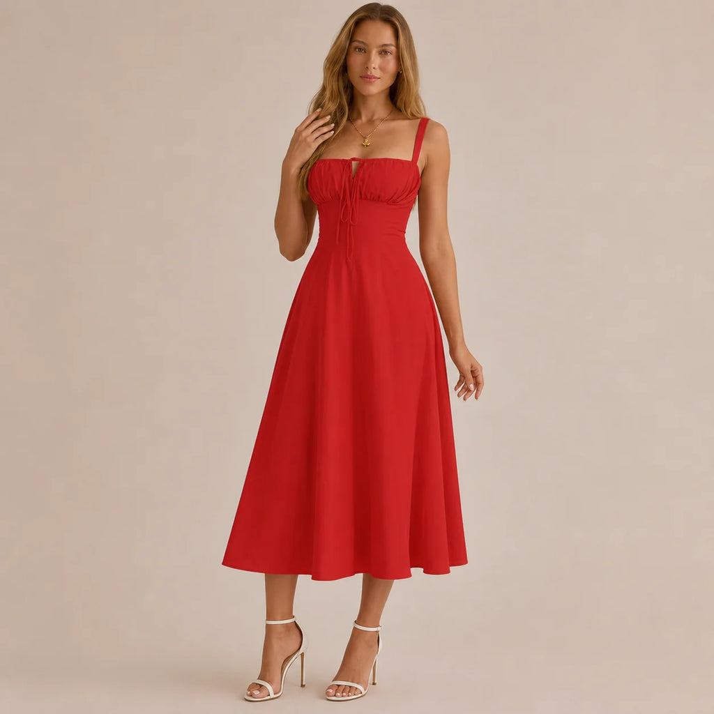 Square Neck Tie Front A-Line Midi Dress – Floral & Solid Summer Dress | Oyese