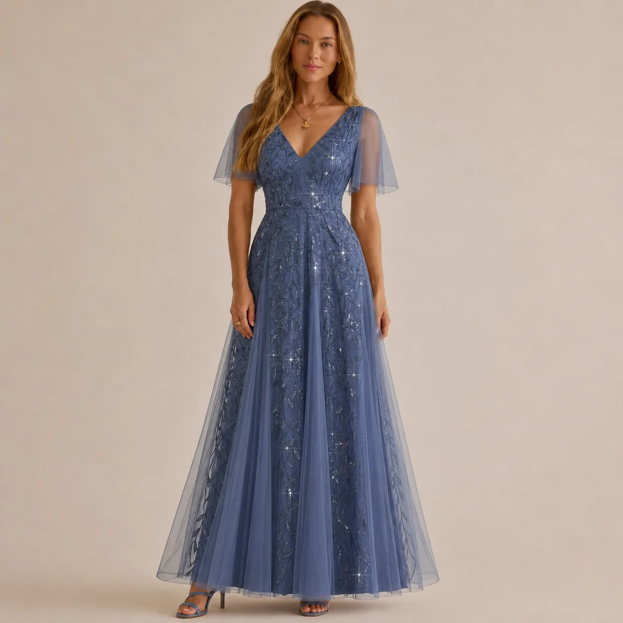 Deep V-Neck Sequin Tulle A-Line Gown – Flutter Sleeve Formal Evening Dress | Oyese