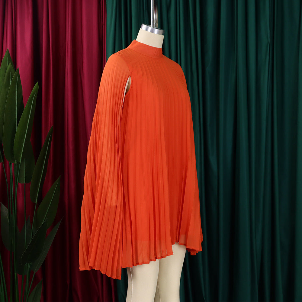 Mock Neck Pleated Chiffon Cape Shift Dress | Oyese