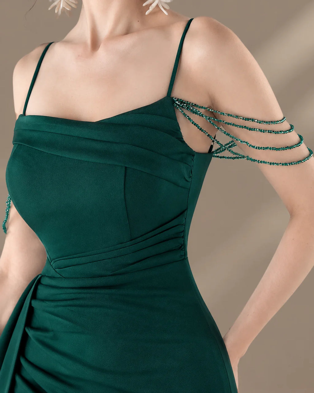 Spaghetti Strap Beaded Chain Draped Satin Mermaid Gown | Oyese
