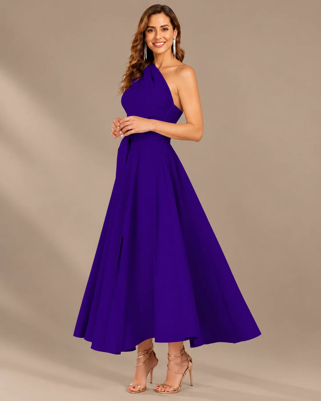 One-Shoulder Cap Sleeve Belted Fit and Flare Midi Dress | Oyese