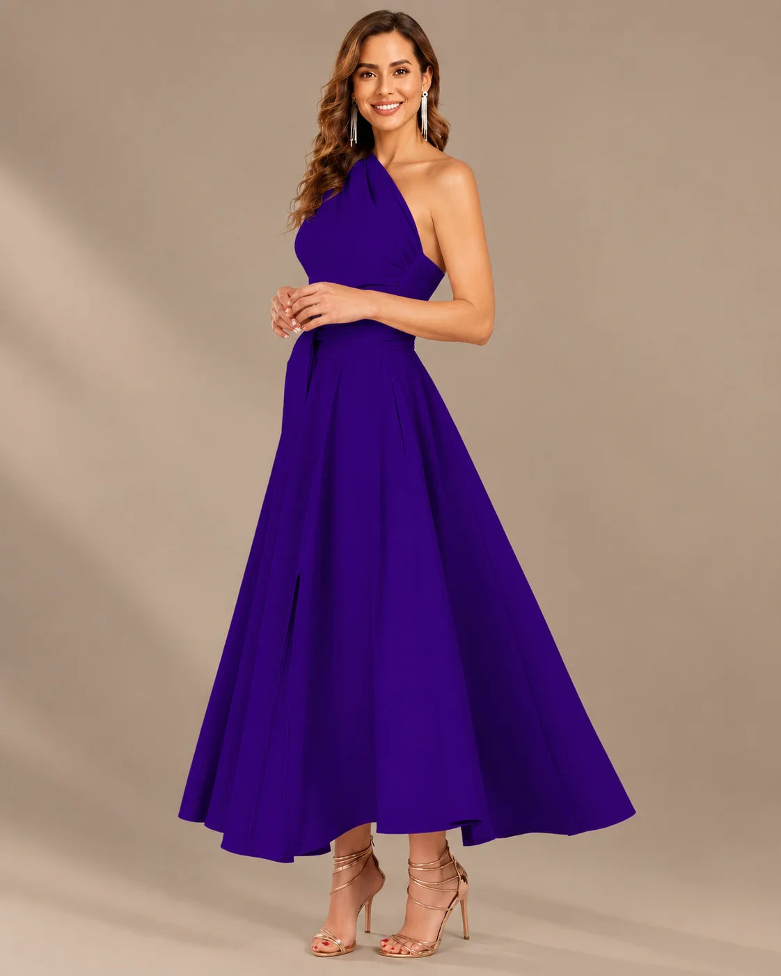 One-Shoulder Cap Sleeve Belted Fit and Flare Midi Dress | Oyese