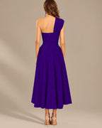 One-Shoulder Cap Sleeve Belted Fit and Flare Midi Dress | Oyese