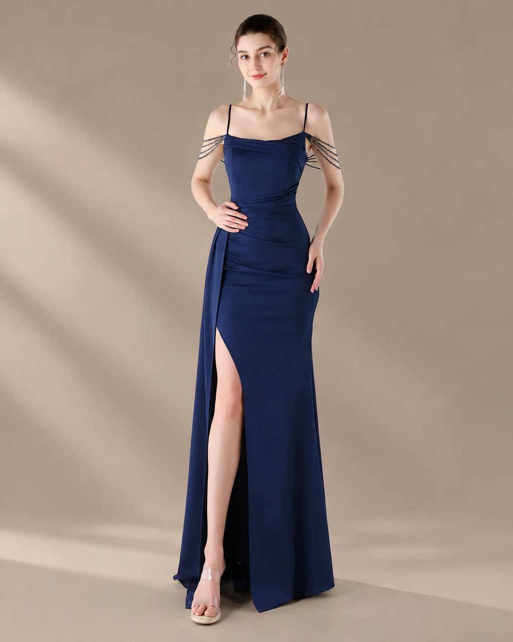 Spaghetti Strap Beaded Chain Draped Satin Mermaid Gown | Oyese