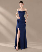 Spaghetti Strap Beaded Chain Draped Satin Mermaid Gown | Oyese