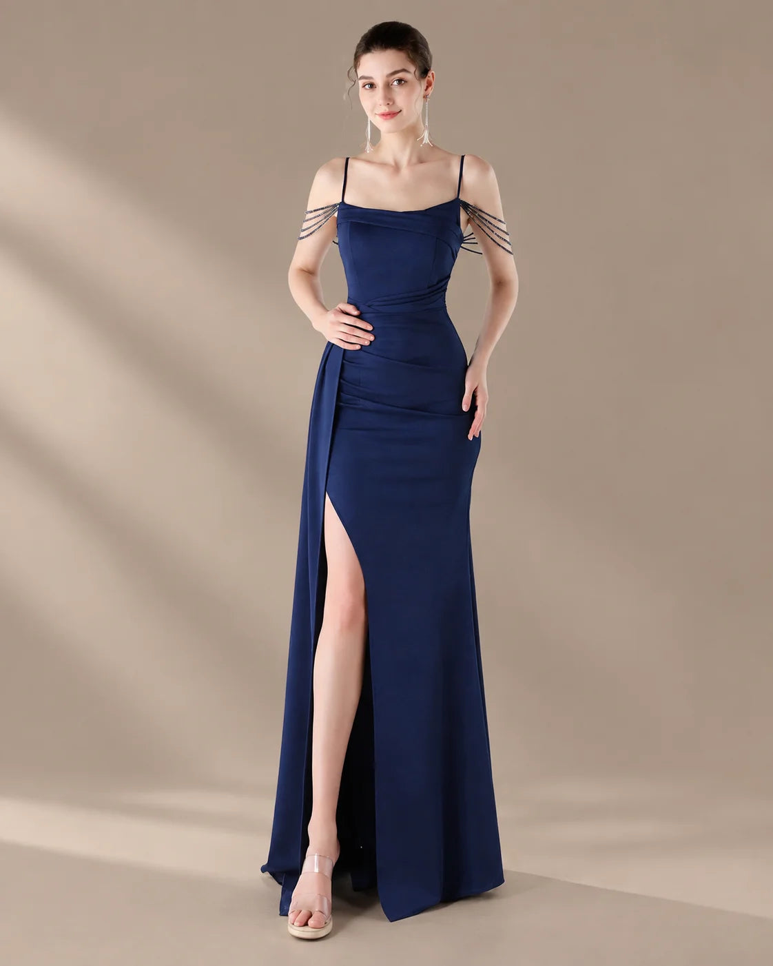 Spaghetti Strap Beaded Chain Draped Satin Mermaid Gown | Oyese
