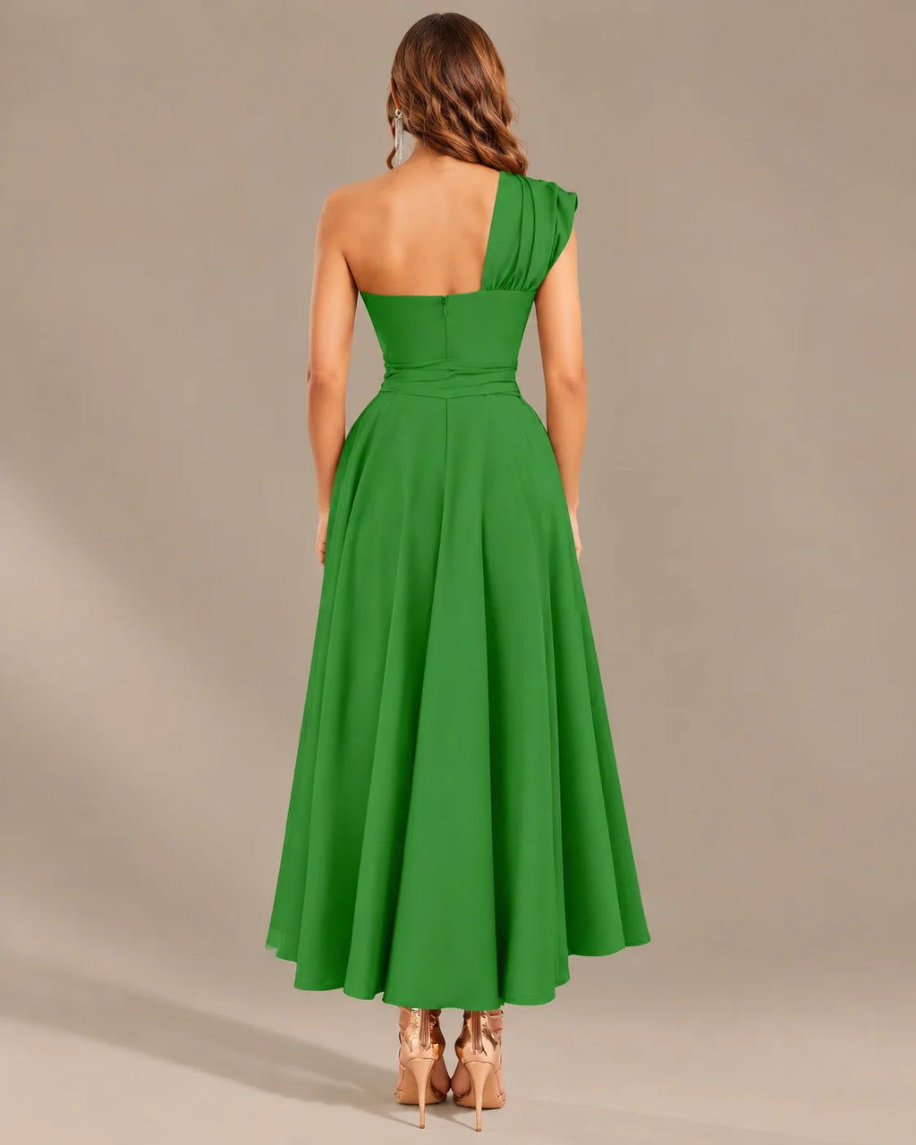 One-Shoulder Cap Sleeve Belted Fit and Flare Midi Dress | Oyese
