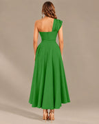 One-Shoulder Cap Sleeve Belted Fit and Flare Midi Dress | Oyese