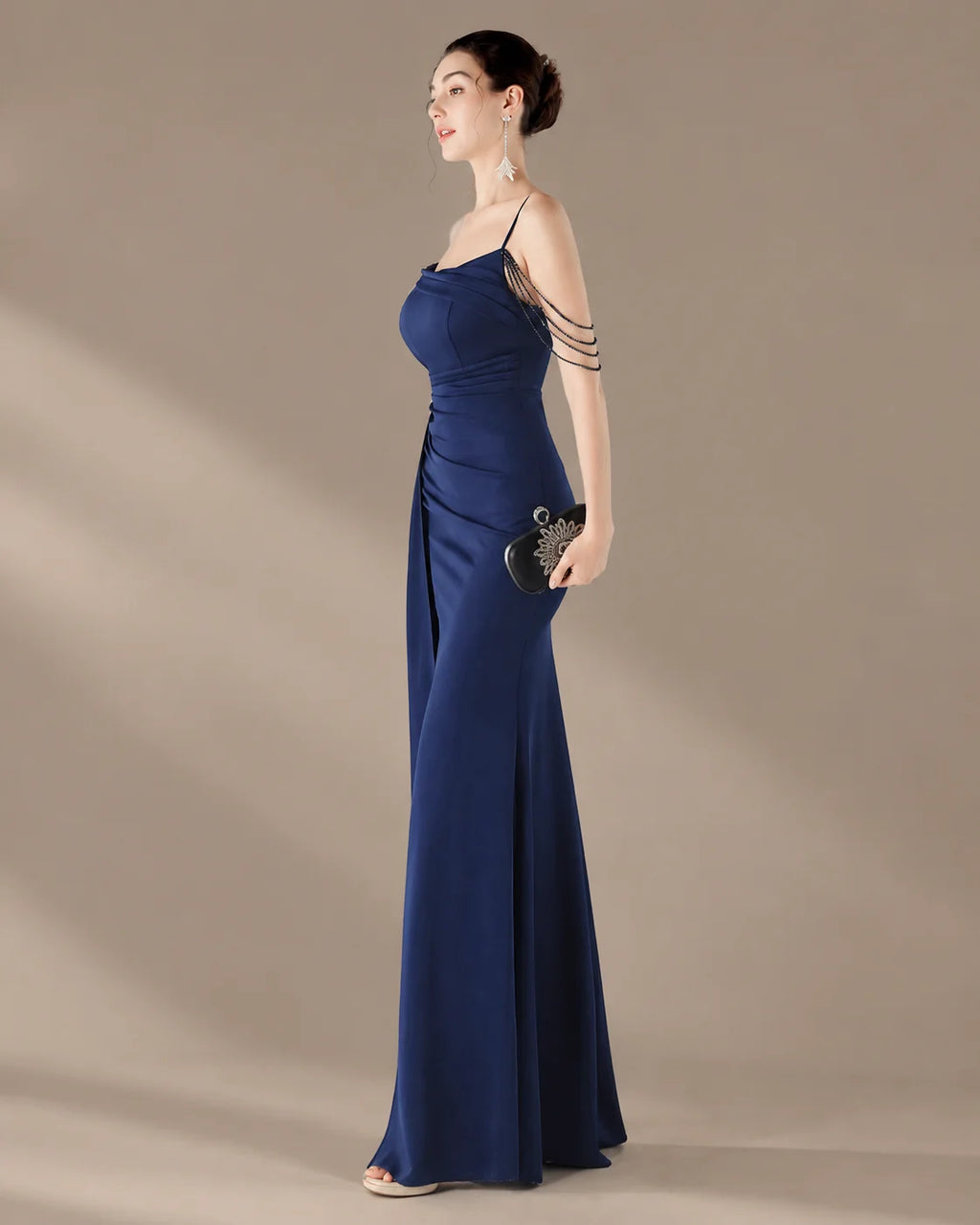 Spaghetti Strap Beaded Chain Draped Satin Mermaid Gown | Oyese