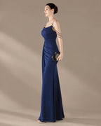 Spaghetti Strap Beaded Chain Draped Satin Mermaid Gown | Oyese