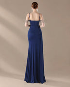 Spaghetti Strap Beaded Chain Draped Satin Mermaid Gown | Oyese