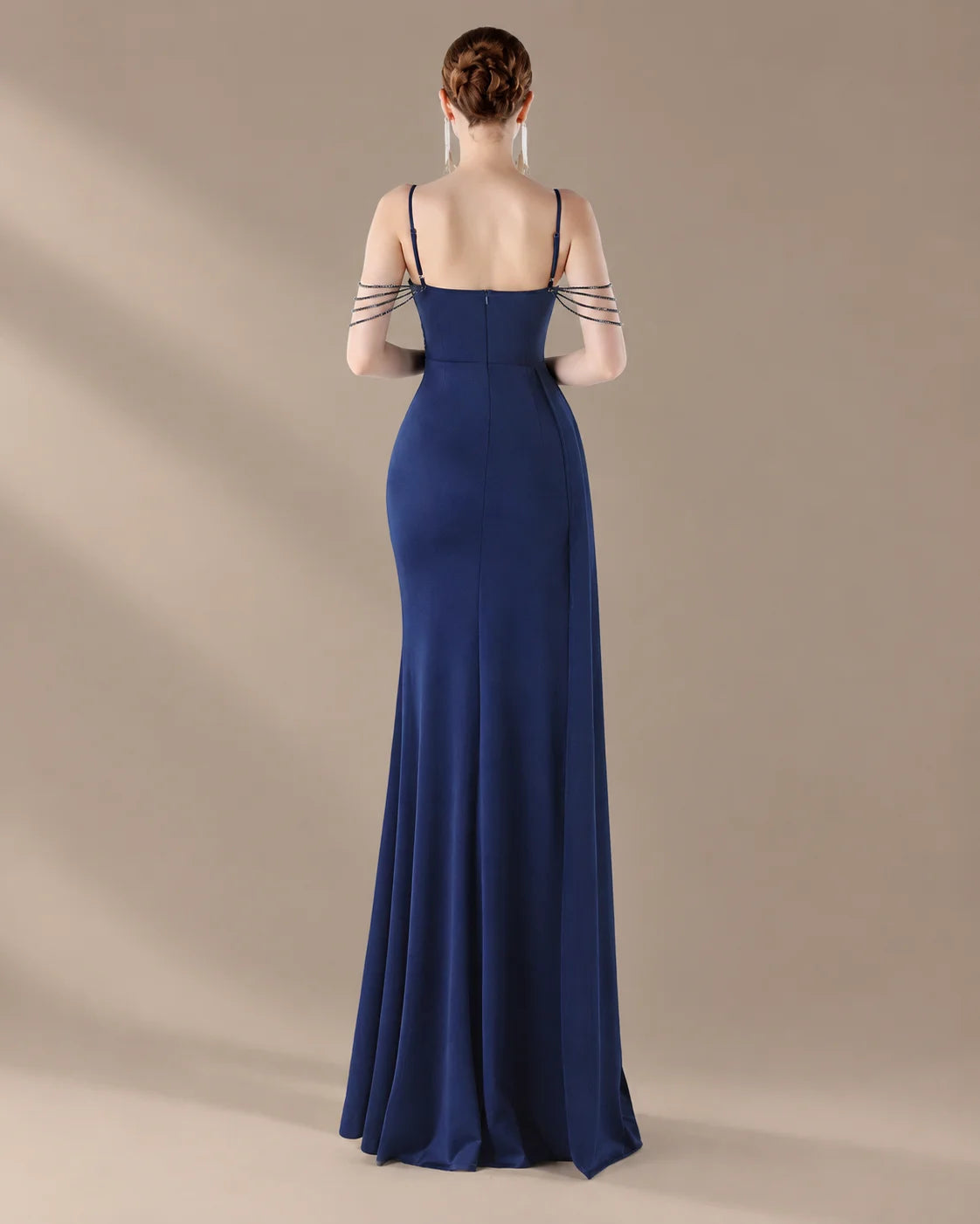 Spaghetti Strap Beaded Chain Draped Satin Mermaid Gown | Oyese