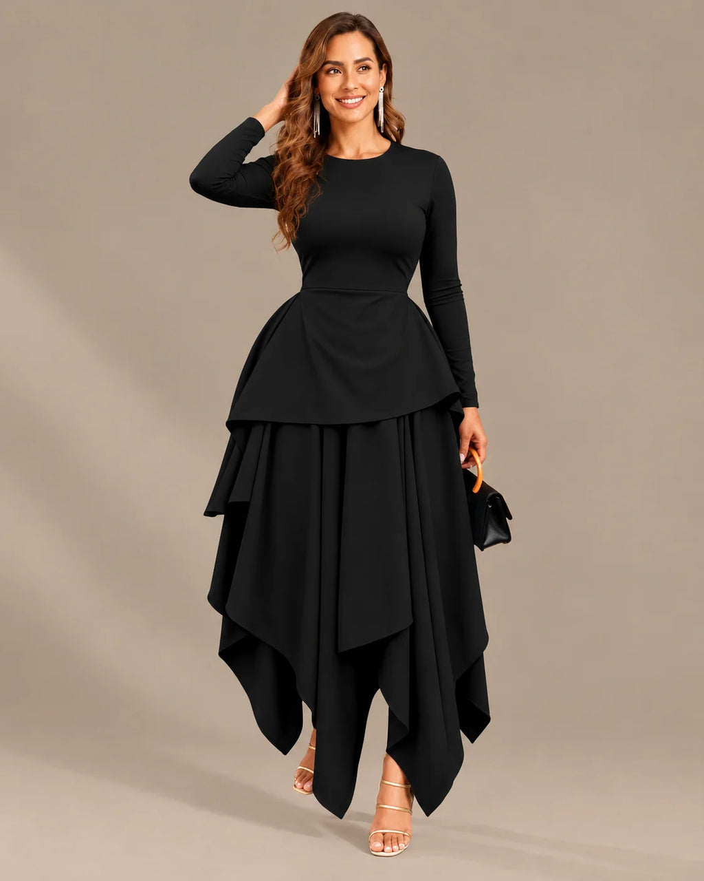 Round Neck Long Sleeve Peplum Asymmetric Tiered Maxi Dress | Oyese
