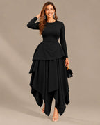 Round Neck Long Sleeve Peplum Asymmetric Tiered Maxi Dress | Oyese