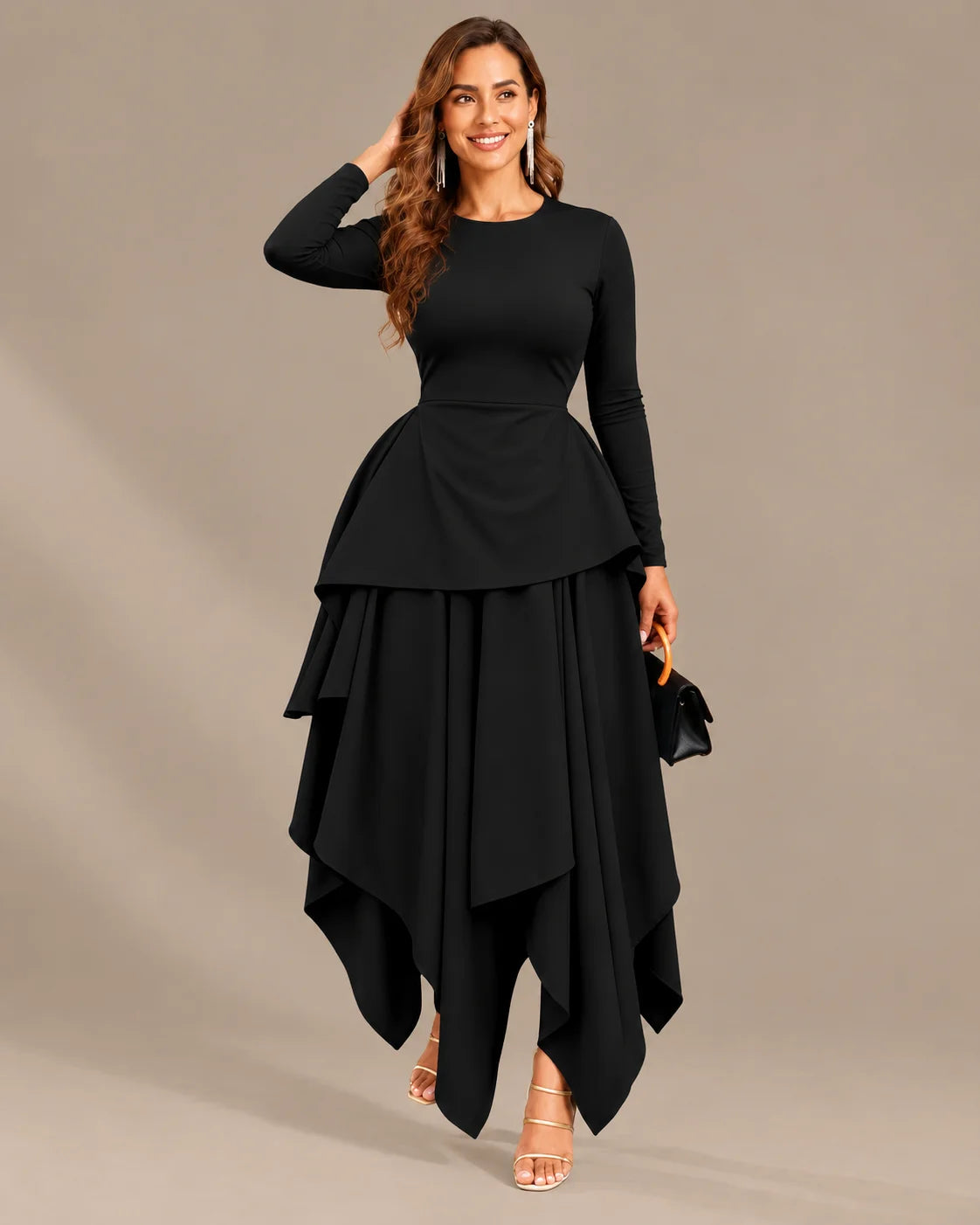 Round Neck Long Sleeve Peplum Asymmetric Tiered Maxi Dress | Oyese