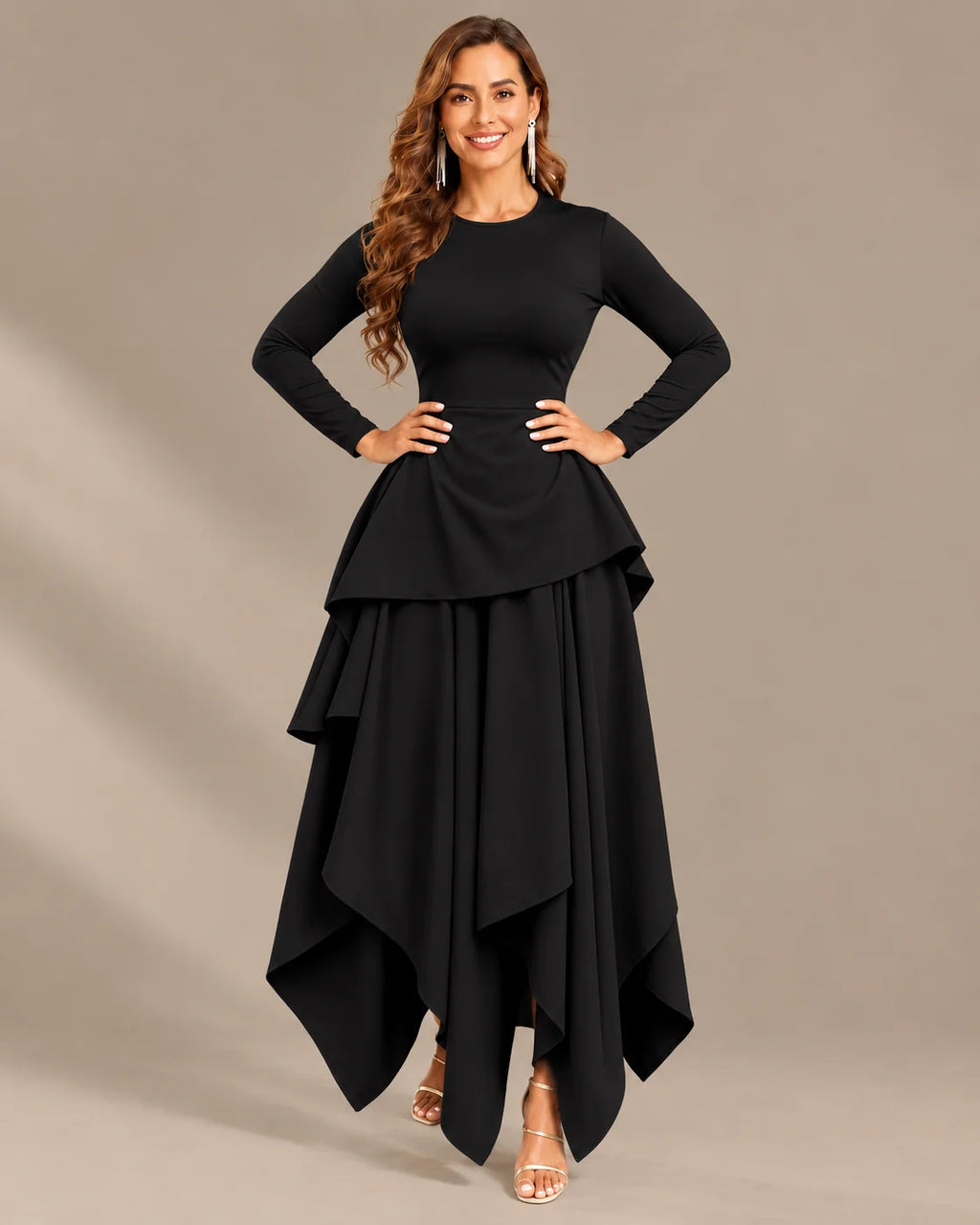 Round Neck Long Sleeve Peplum Asymmetric Tiered Maxi Dress | Oyese