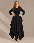 Round Neck Long Sleeve Peplum Asymmetric Tiered Maxi Dress | Oyese