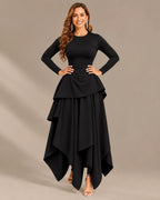 Round Neck Long Sleeve Peplum Asymmetric Tiered Maxi Dress | Oyese