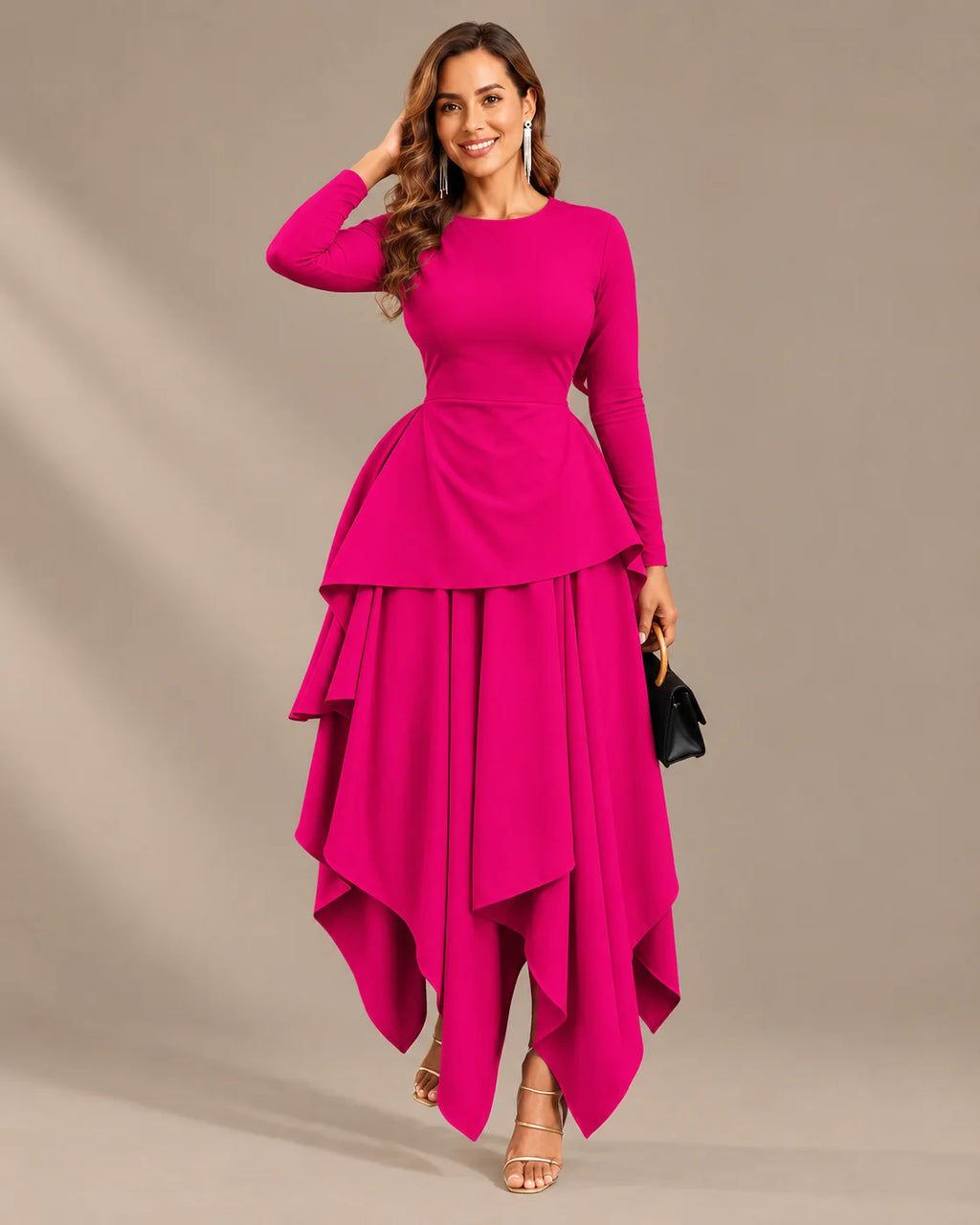 Round Neck Long Sleeve Peplum Asymmetric Tiered Maxi Dress | Oyese