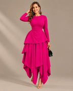 Round Neck Long Sleeve Peplum Asymmetric Tiered Maxi Dress | Oyese