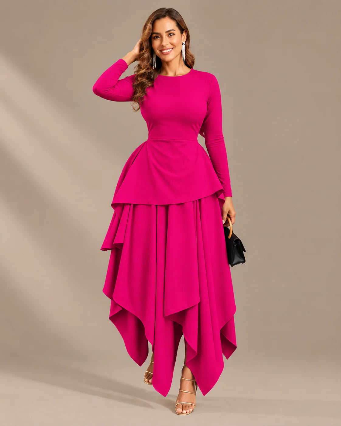 Round Neck Long Sleeve Peplum Asymmetric Tiered Maxi Dress | Oyese
