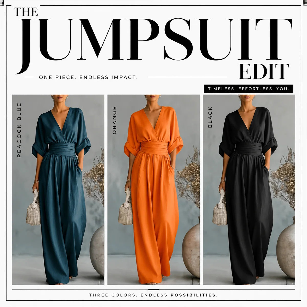 Three jumpsuits in peacock blue, orange, and black with a neutral background.