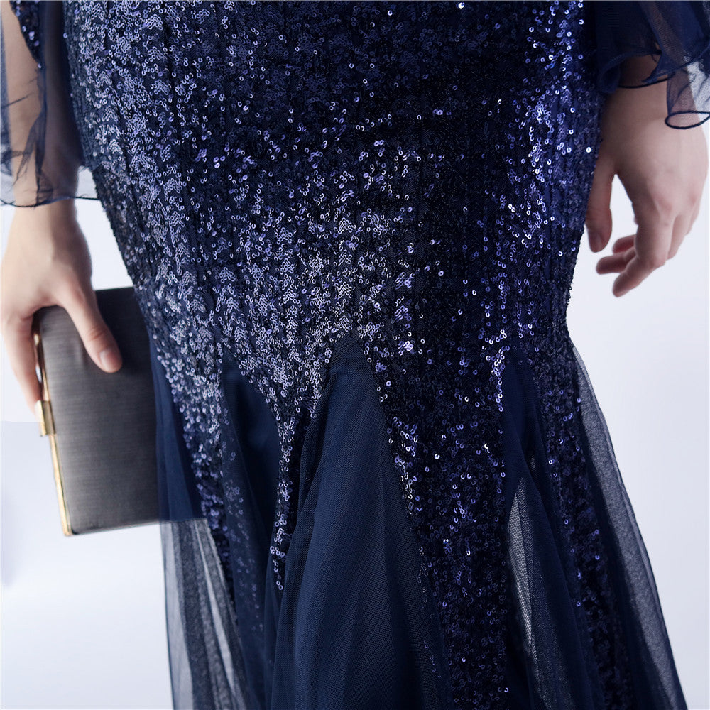 V-Neck Bell Sleeve Sequin Tulle Mermaid Evening Gown | Oyese