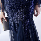 V-Neck Bell Sleeve Sequin Tulle Mermaid Evening Gown | Oyese