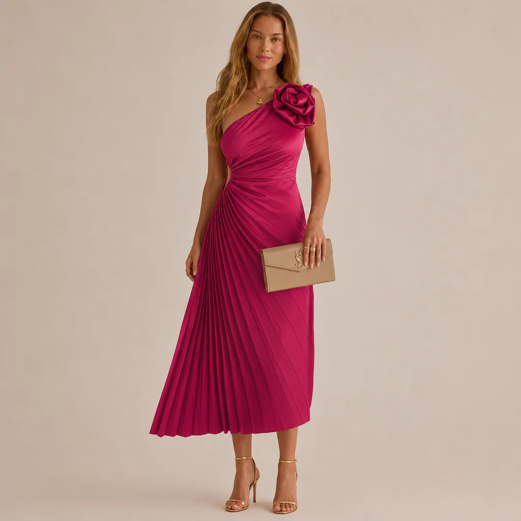 One Shoulder Rosette Pleated Maxi Dress – Cutout Waist Formal Gown | Oyese
