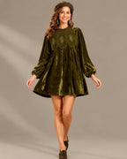 Velvet Lace Yoke Long Puff Sleeve Babydoll Mini Dress | Oyese