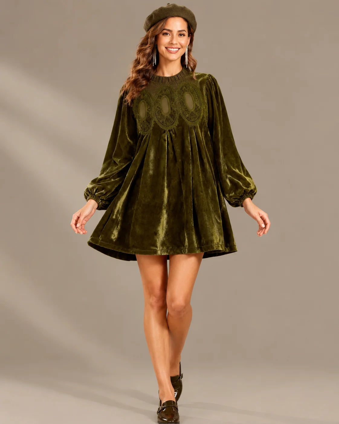 Velvet Lace Yoke Long Puff Sleeve Babydoll Mini Dress | Oyese