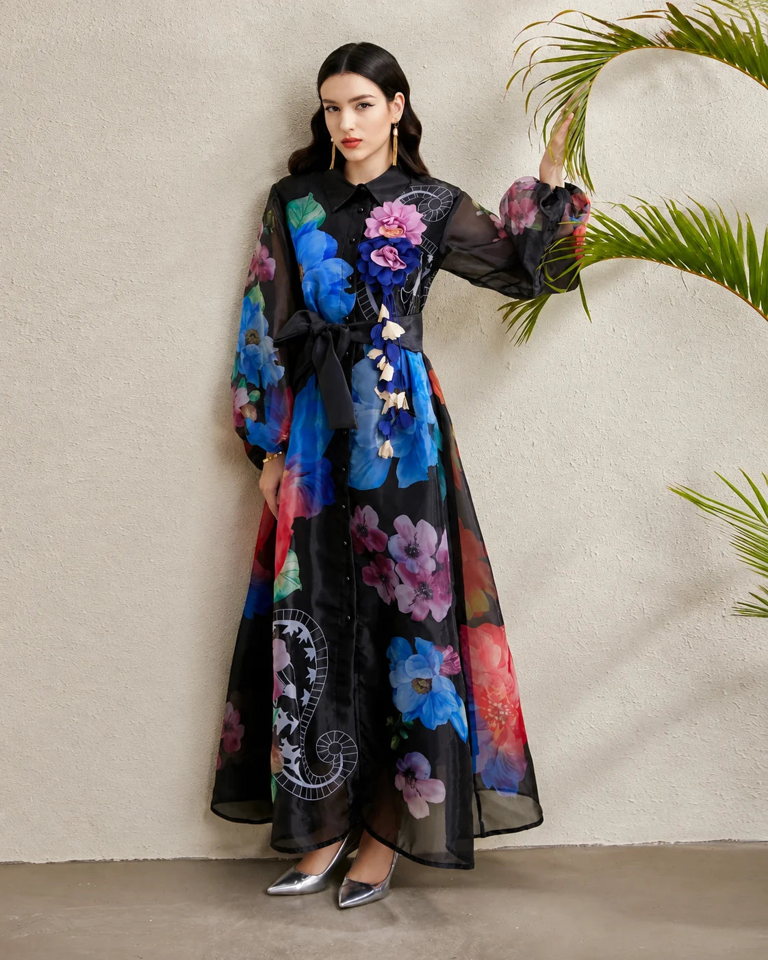 Vintage Floral Puff Sleeve Belted Maxi Dress | Oyese