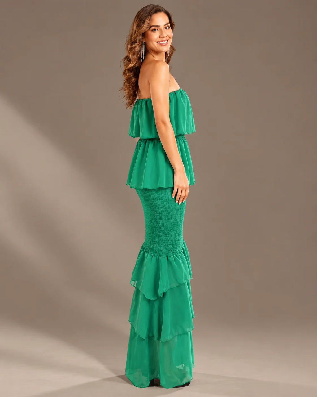 Strapless Pleated Tiered Ruffle Fitted Maxi Dress | Oyese