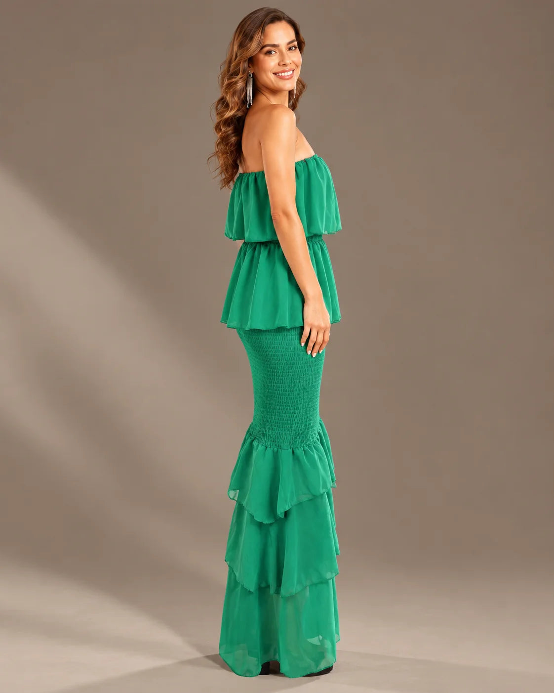 Strapless Pleated Tiered Ruffle Fitted Maxi Dress | Oyese