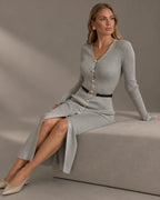 Ribbed Knit Button-Front Sweater Dress + Free Belt | Oyese