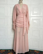 Deep V Long Sleeve Feather Cuff Maxi Dress with Slit | Oyese