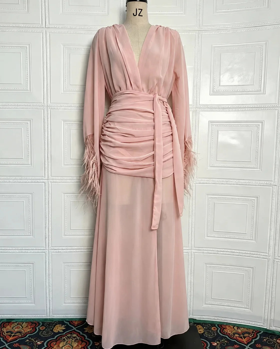 Deep V Long Sleeve Feather Cuff Maxi Dress with Slit | Oyese
