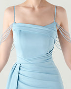 Strapless Beaded Chain Strap Ruched Mermaid Gown | Oyese