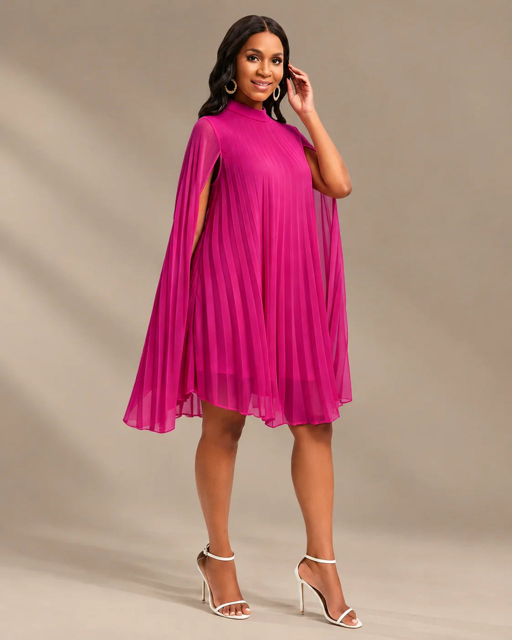 Mock Neck Pleated Chiffon Cape Shift Dress | Oyese
