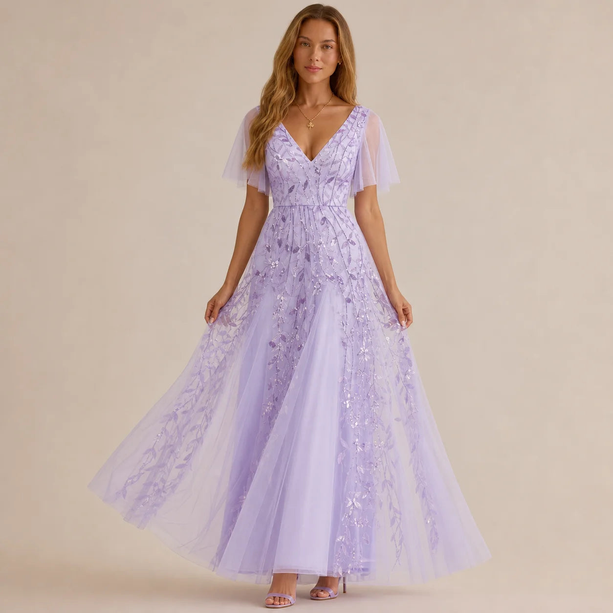 Deep V-Neck Sequin Tulle A-Line Gown – Flutter Sleeve Formal Evening Dress | Oyese