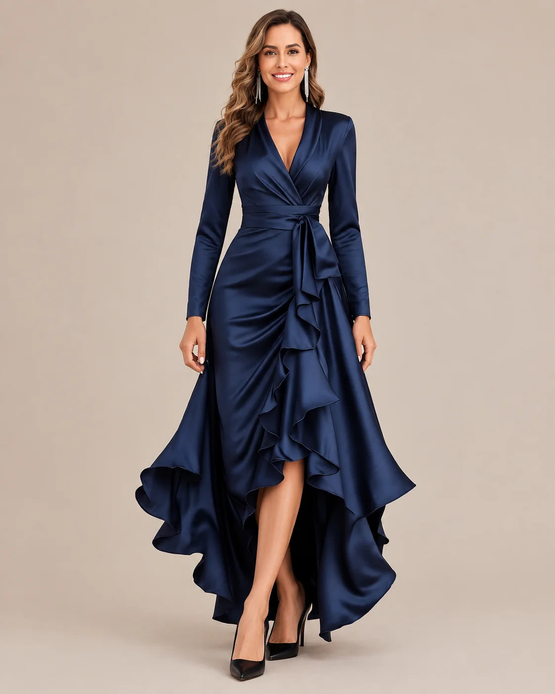 V-Neck Wrap Belted Satin High-Low Ruffle Dress | Oyese