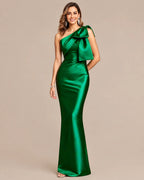 One-Shoulder Bow Satin Mermaid Evening Gown | Oyese